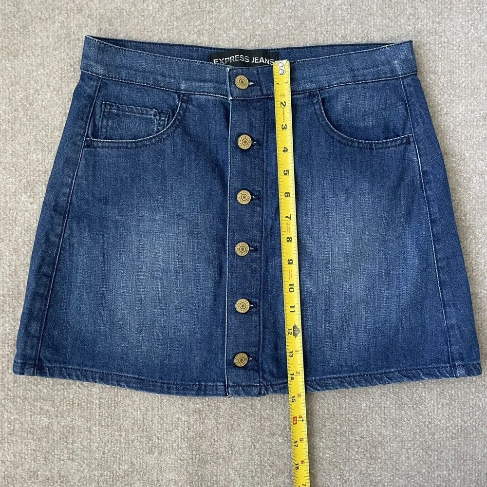Express Denim Skirt Womens 4 Dark Wash Button Front Short Mini Stretch Denim